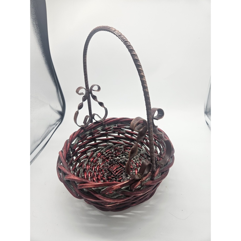 Vintage Red‎ Wicker Basket With Decorative Metal Handle